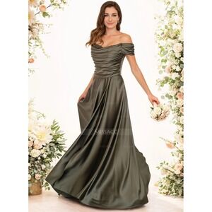 Missacc Formal Dress Women 2-4 READ INFO Bead ALine Off Shoulder Green Satin NEW